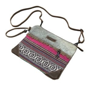 Myra Crossbody Purse Wristlet Multi Colored Southwestern Canvas Cowhide Leather